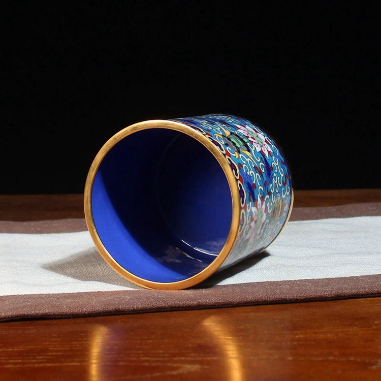 Authentic Cloisonné Lotus Pattern Pen Holder with Wooden Base