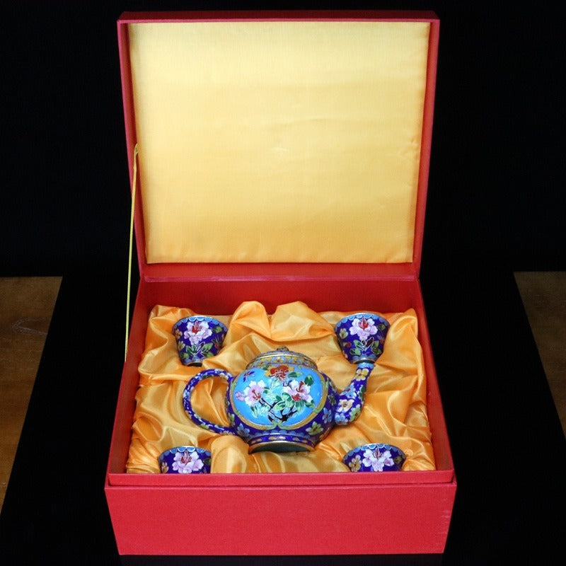 Handmade Imperial Cloisonné Floral Tea Set (1 Teapot + 4 Cups) – Traditional Chinese Enamel Art