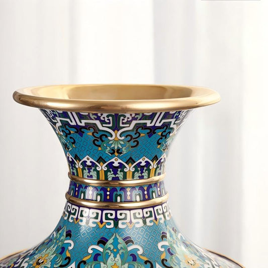 Authentic Cloisonné Enamel Vase with Cultural Motifs & Wooden Base