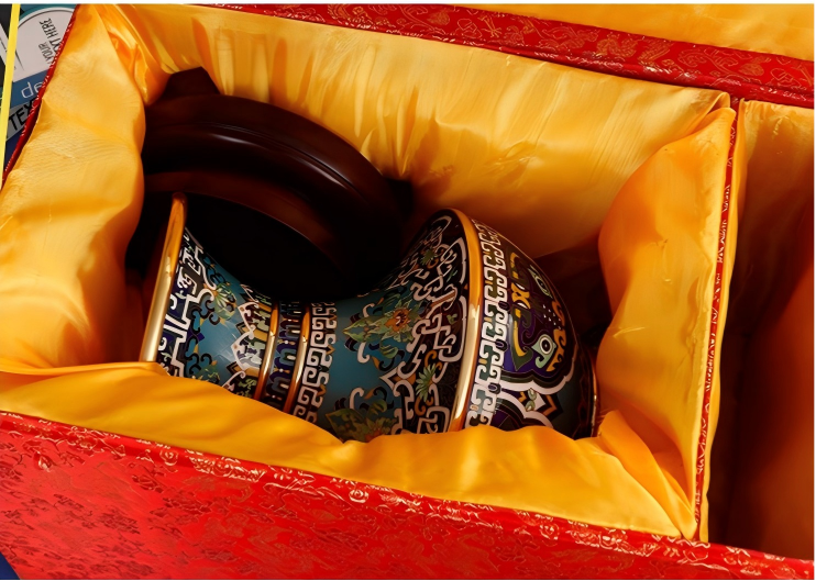 Authentic Cloisonné Enamel Vase with Cultural Motifs & Wooden Base