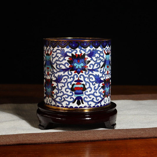Authentic Cloisonné Lotus Pattern Pen Holder with Wooden Base