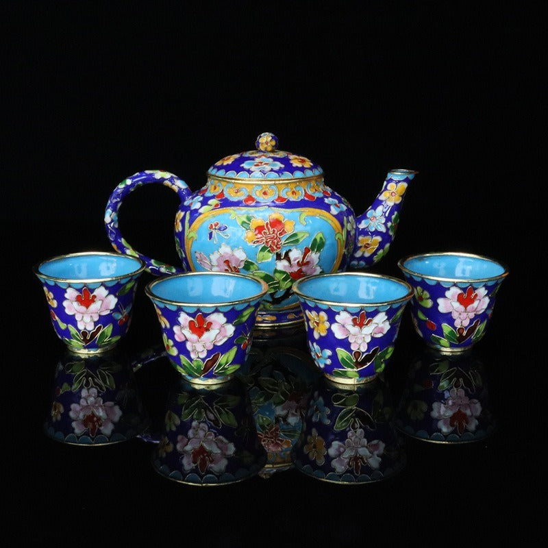 Handmade Imperial Cloisonné Floral Tea Set (1 Teapot + 4 Cups) – Traditional Chinese Enamel Art