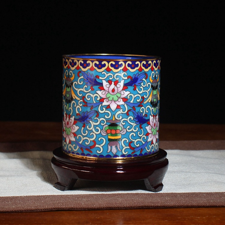Authentic Cloisonné Lotus Pattern Pen Holder with Wooden Base