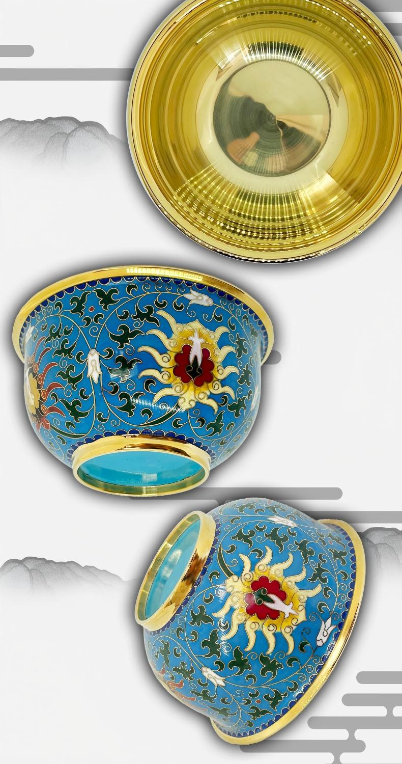 Authentic Cloisonné Enamel Bowl with Gold Interior & Floral Pattern