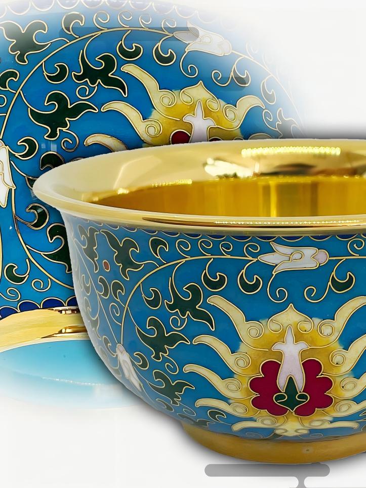 Authentic Cloisonné Enamel Bowl with Gold Interior & Floral Pattern