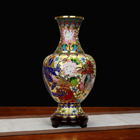Authentic Cloisonné Dragon Phoenix Vase with Gold Accents & Wooden Base