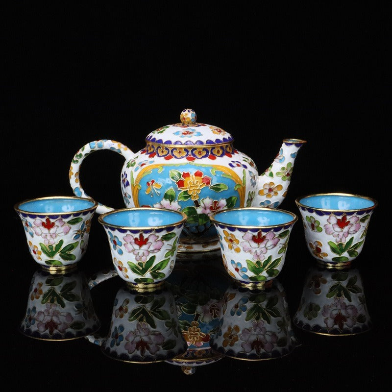 Handmade Imperial Cloisonné Floral Tea Set (1 Teapot + 4 Cups) – Traditional Chinese Enamel Art
