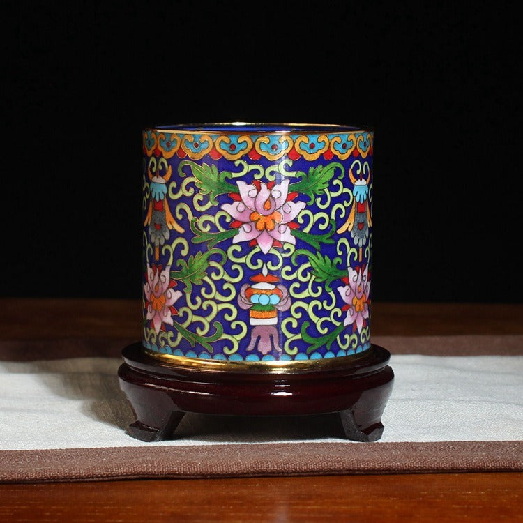 Authentic Cloisonné Lotus Pattern Pen Holder with Wooden Base