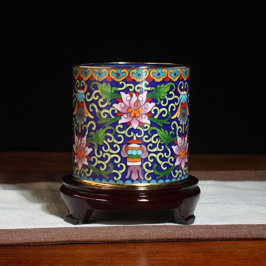 Authentic Cloisonné Lotus Pattern Pen Holder with Wooden Base