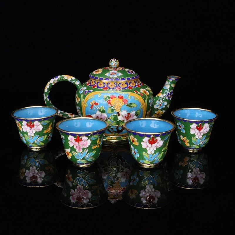 Handmade Imperial Cloisonné Floral Tea Set (1 Teapot + 4 Cups) – Traditional Chinese Enamel Art