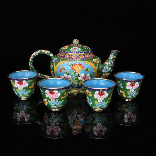Handmade Imperial Cloisonné Floral Tea Set (1 Teapot + 4 Cups) – Traditional Chinese Enamel Art