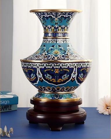 Authentic Cloisonné Enamel Vase with Cultural Motifs & Wooden Base