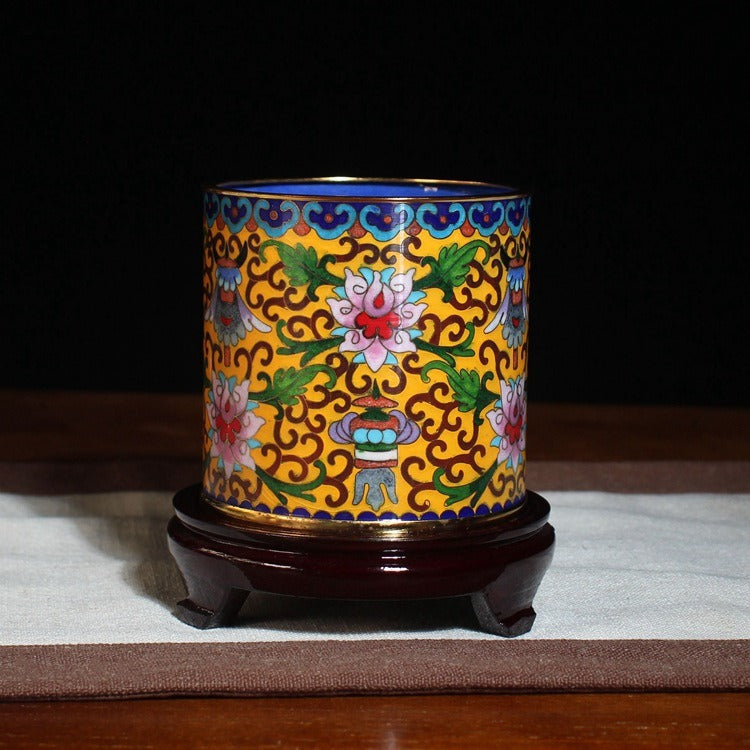 Authentic Cloisonné Lotus Pattern Pen Holder with Wooden Base