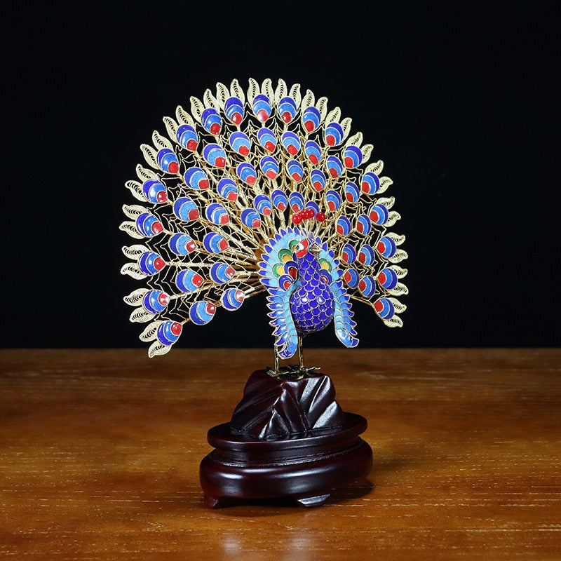 Handmade Imperial Cloisonné Peacock Opening Tail Sculpture