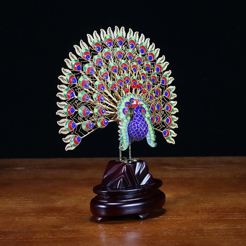 Handmade Imperial Cloisonné Peacock Opening Tail Sculpture
