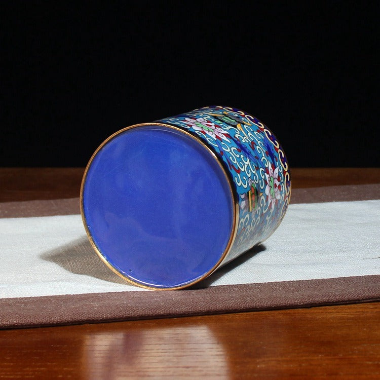 Authentic Cloisonné Lotus Pattern Pen Holder with Wooden Base