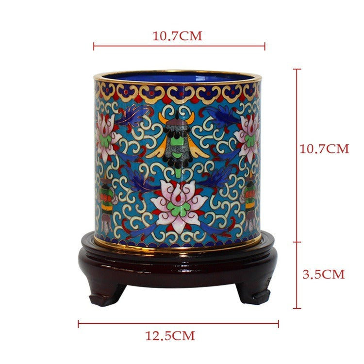 Authentic Cloisonné Lotus Pattern Pen Holder with Wooden Base