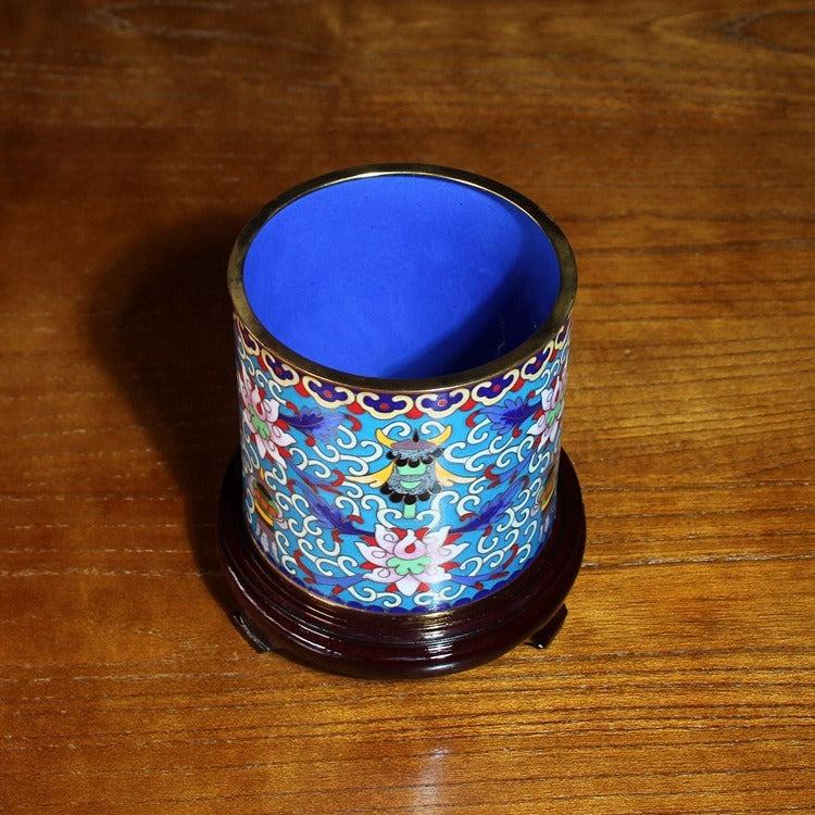 Authentic Cloisonné Lotus Pattern Pen Holder with Wooden Base