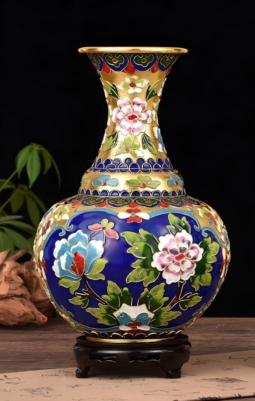 Exquisite Cloisonné Dragon Phoenix Flower-Mouth Vase with Gold Accents