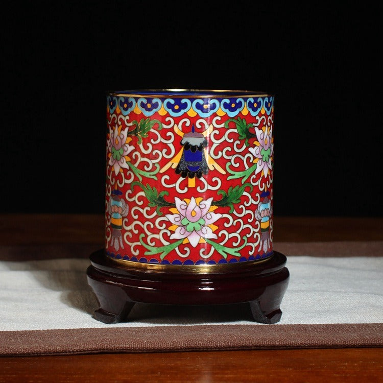 Authentic Cloisonné Lotus Pattern Pen Holder with Wooden Base