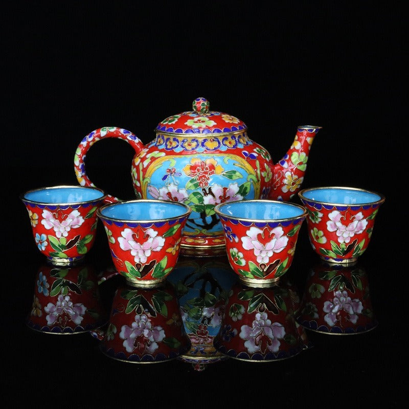 Handmade Imperial Cloisonné Floral Tea Set (1 Teapot + 4 Cups) – Traditional Chinese Enamel Art
