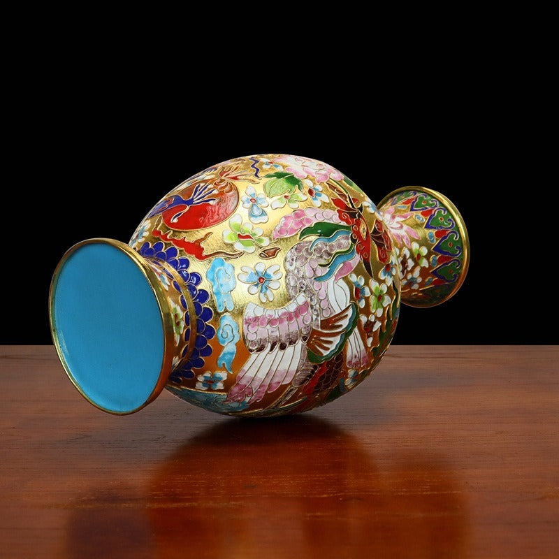 Authentic Cloisonné Dragon Phoenix Vase with Gold Accents & Wooden Base