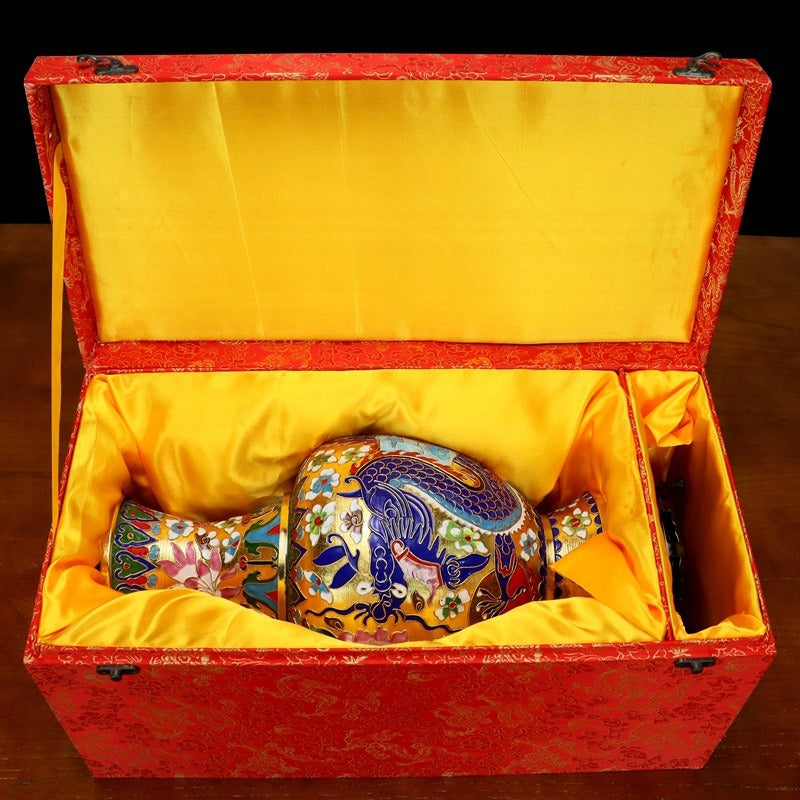 Authentic Cloisonné Dragon Phoenix Vase with Gold Accents & Wooden Base