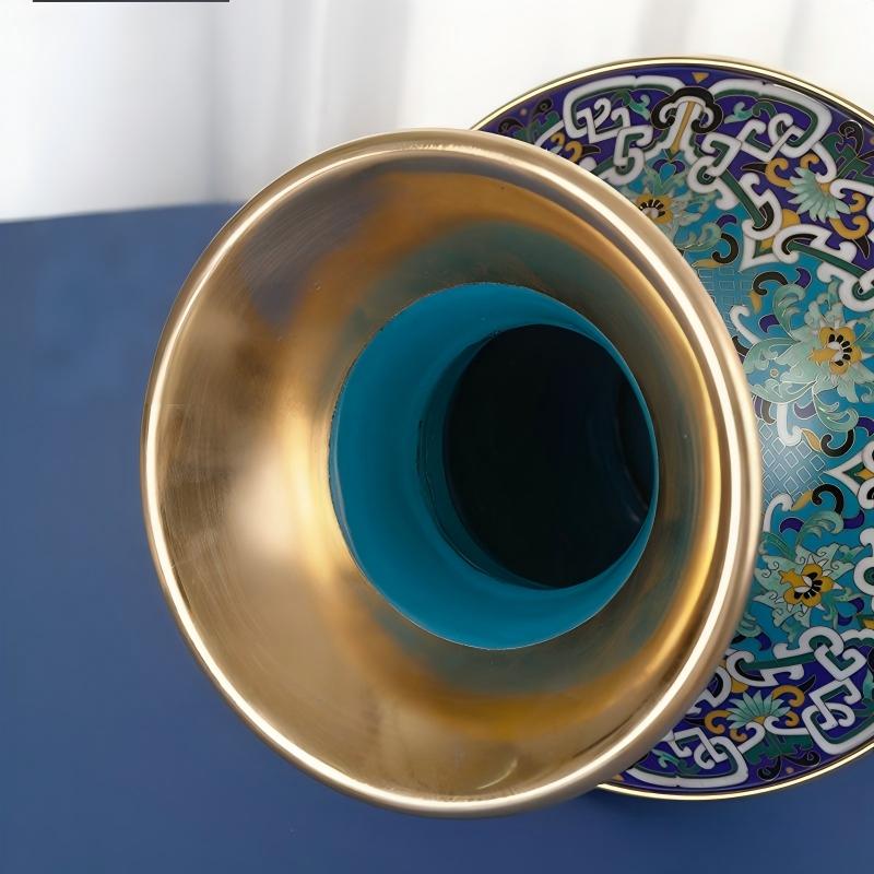 Authentic Cloisonné Enamel Vase with Cultural Motifs & Wooden Base