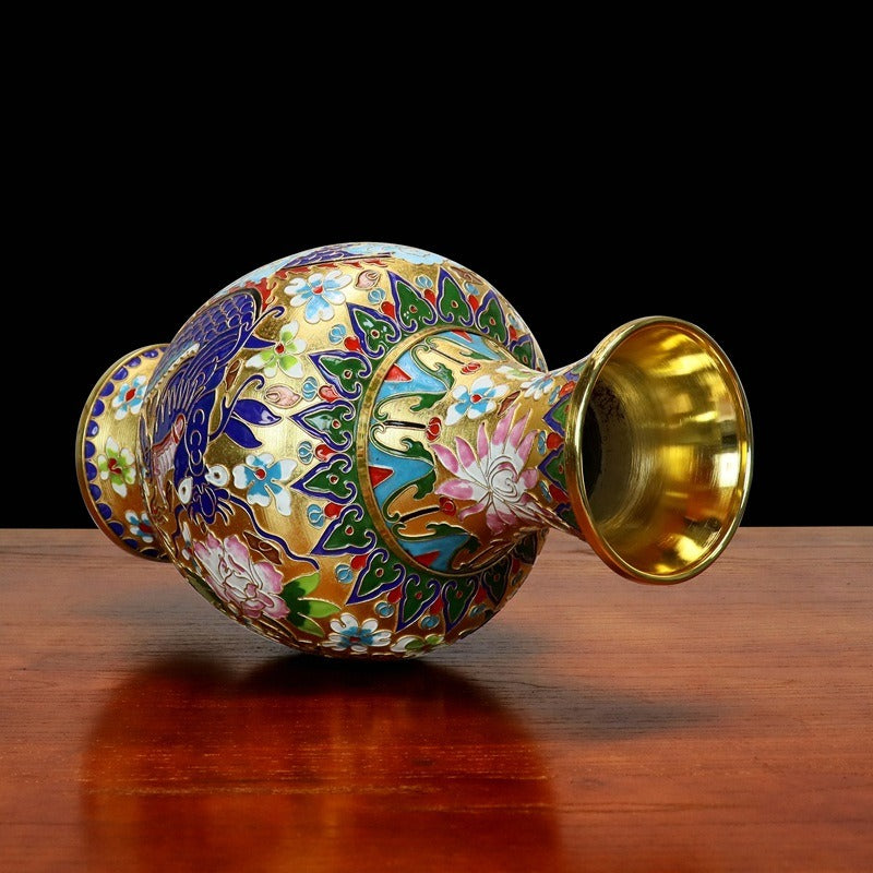 Authentic Cloisonné Dragon Phoenix Vase with Gold Accents & Wooden Base