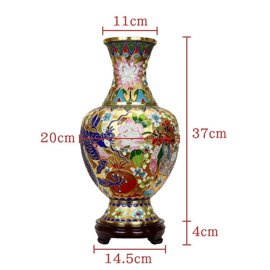 Authentic Cloisonné Dragon Phoenix Vase with Gold Accents & Wooden Base