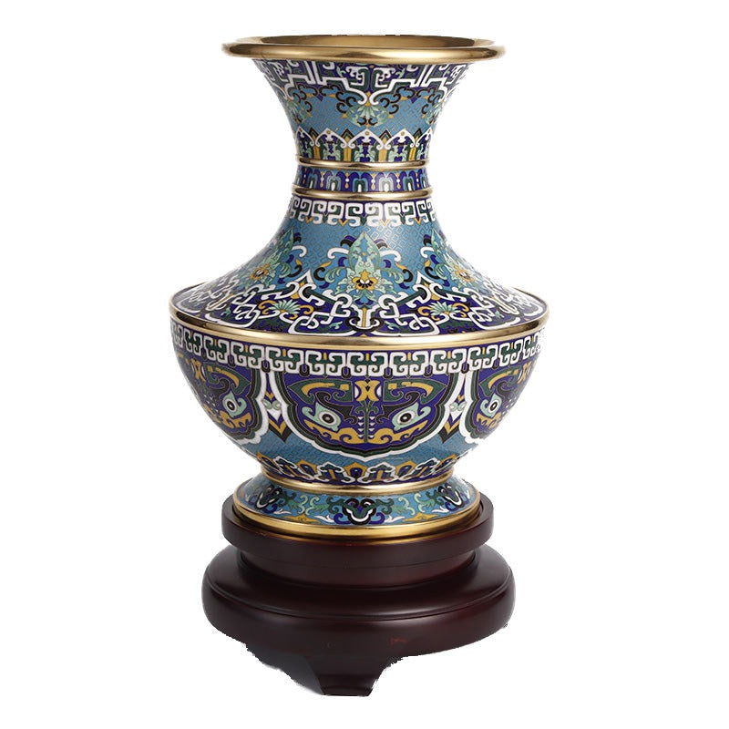 Authentic Cloisonné Enamel Vase with Cultural Motifs & Wooden Base