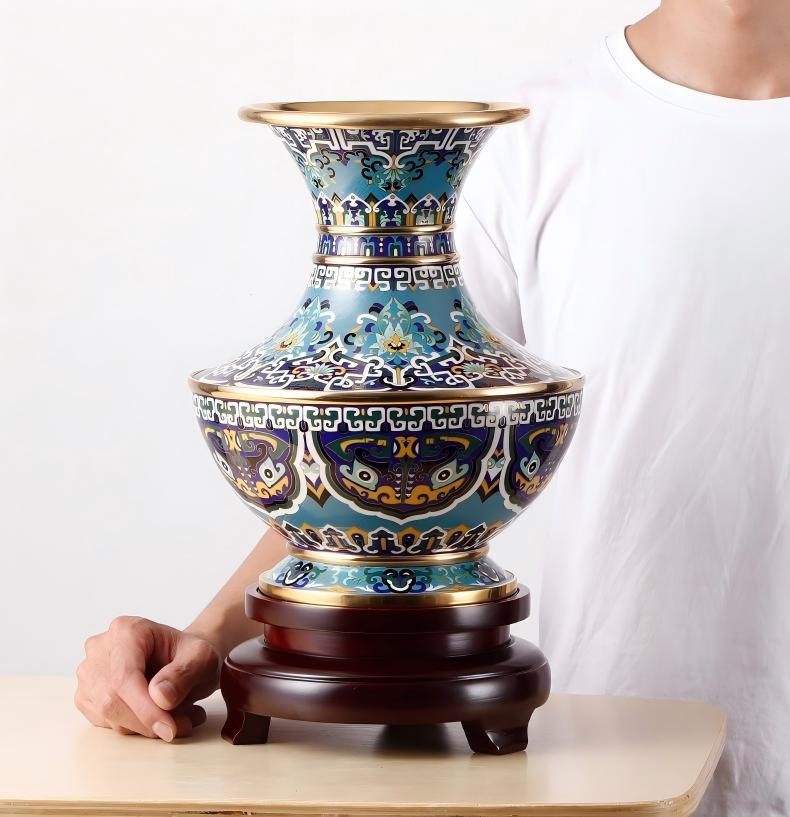 Authentic Cloisonné Enamel Vase with Cultural Motifs & Wooden Base
