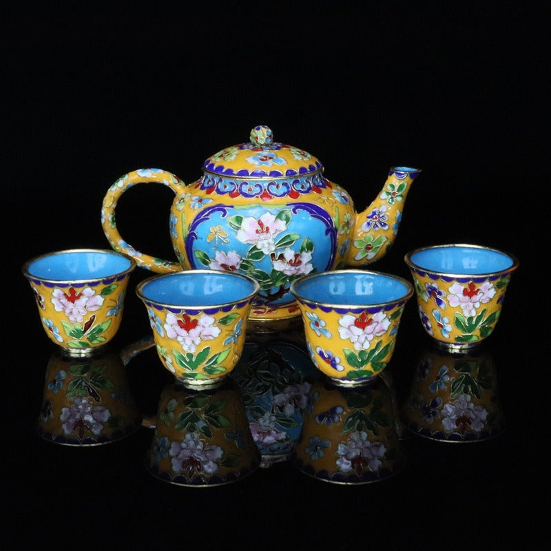 Handmade Imperial Cloisonné Floral Tea Set (1 Teapot + 4 Cups) – Traditional Chinese Enamel Art