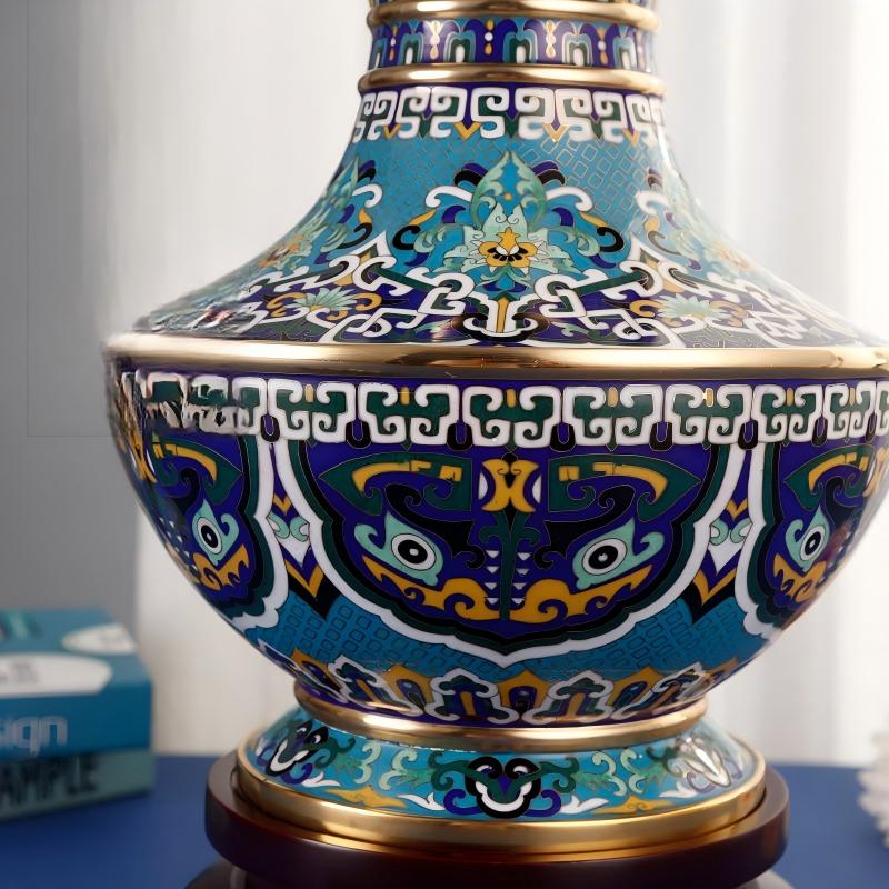 Authentic Cloisonné Enamel Vase with Cultural Motifs & Wooden Base